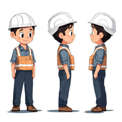 Cartoon construction worker, three views.