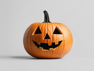 A classic carved Halloween jack-o'-lantern with a cheerful expression, isolated on a light gray background. The pumpkin features triangle eyes and a toothy grin.