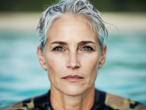 A serene portrait of an older woman swimming in a lake, with a focused expression and wet hair, set against a blurred natural background.