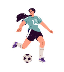 Girl football player kicks, hits with foot, pass ball. Sportswoman in uniform plays soccer. Professional athlete training for sports game competition. Flat isolated vector illustration on white