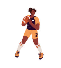 Professional female rugby player holds ball in hands. Black sportswoman plays American football. Athlete training before sports game, competition. Flat isolated vector illustration on white background