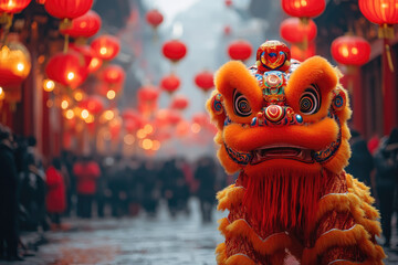 Vibrant Chinese New Year celebration with dragon dance performances, red lanterns, and festive decorations lighting up a crowded street. Chinese New Year, celebrating tradition, culture,spirit of 2025