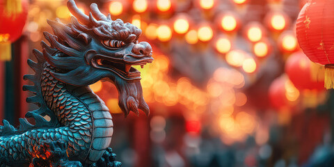 Fototapeta premium Statue of a dragon with glowing Chinese lanterns celebrating the Chinese New Year 2025, year of the Dragon, featuring golden lights and traditional festive decorations.