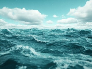 A vast and turbulent ocean under a bright blue sky filled with fluffy white clouds, creating a striking and expansive seascape.