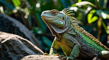 Obraz premium Vibrant green iguana basks under the sun on a rocky perch surrounded by lush tropical foliage in a tranquil moment of relaxation