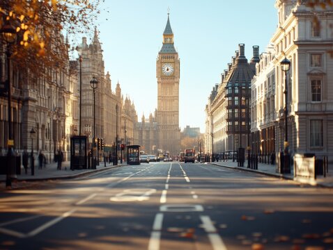 Big Ben in London, England, is beautifully captured on a clear day, showcasing the iconic clock tower amidst historic architecture and a peaceful street scene.