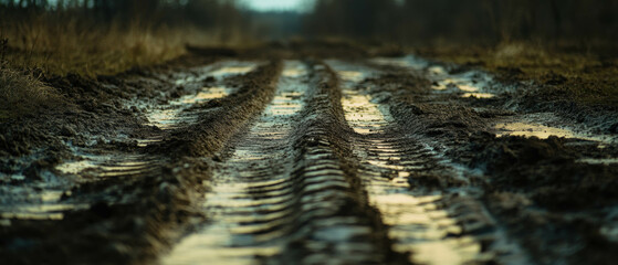 Cinematic view of muddy road with distinct tire tracks leading into the distance