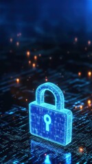 A blue digital lock icon hovers over lines of computer code, Represents DLP, data loss prevention, and data security measures