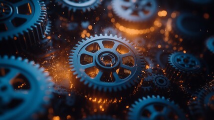 Abstract blue and yellow gears and cogs in a blurred motion for a manufacturing background