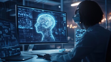 Female Scientist Using Technology to Analyze AI Brain Visualization