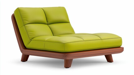 Fototapeta premium A modern green chaise lounge with a wooden frame, featuring plush cushions, perfect for relaxation and stylish interior decor.