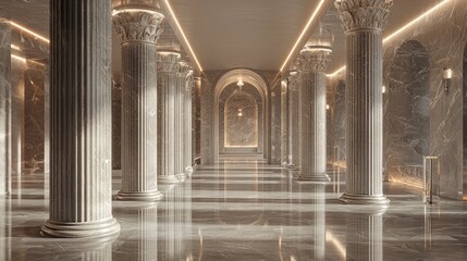 Obraz premium Majestic Marble Hallway with Ornate Columns and Soft Lighting Creating an Elegant and Timeless Architectural Interior