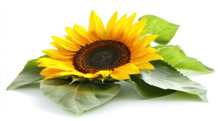 Obraz premium Single sunflower with leaves isolated on white.
