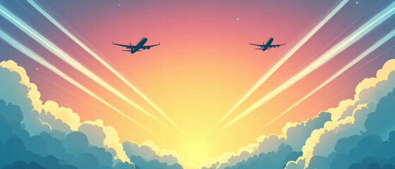 Sky filled with contrails from airplanes during a colorful sunset over clouds