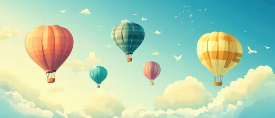 Obraz premium Colorful hot air balloons gracefully floating in a serene blue sky dotted with clouds