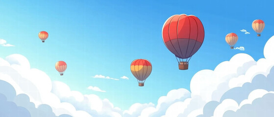 Fototapeta premium Hot air balloons soar peacefully across a clear blue sky filled with fluffy clouds