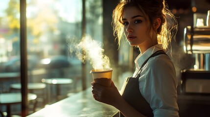 Young Woman Holds Steaming Coffee Cup In Cafe