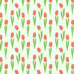 Spring pattern with tulipes, hand drawing flowers with leaves, on soft green background. Spring garden.