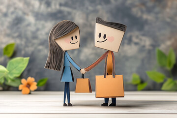 Adorable cardboard-style illustration of a couple holding shopping bags and hands, set against a blurred background, showcasing creative paper art
