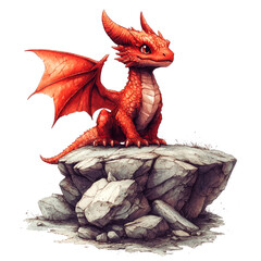 Fototapeta premium Cute red dragon sitting on a rock.