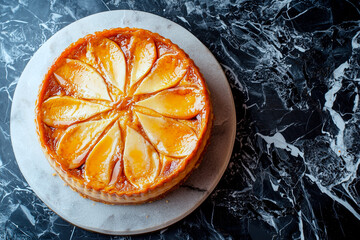 professional food photo of a pear tart, captured from a top-down view in a minimalist style, perfect for bakery promotions, food blogs, or gourmet dessert menus 