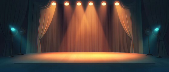 Vector cartoon illustration of a graduation stage with spotlights and backdrop for ceremonies