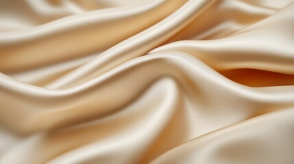 Fototapeta premium A close-up view of smooth, luxurious beige fabric with elegant folds and soft sheen, showcasing its delicate texture and fluid drape.