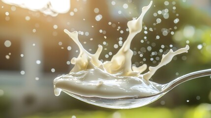 Milk splash on spoon, sunlit background.