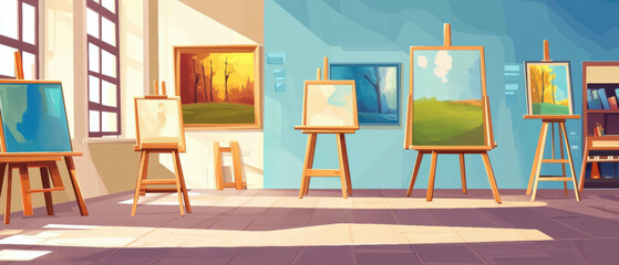 Fototapeta premium Creative environment with paintings displayed in an art classroom setting for students