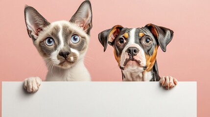Adorable Kitten and Puppy Curiously Peeking Over Blank Sign Mockup Photo. AI Generated