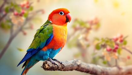 Fototapeta premium Colorful lovebird sitting on a branch on a soft blurred background.