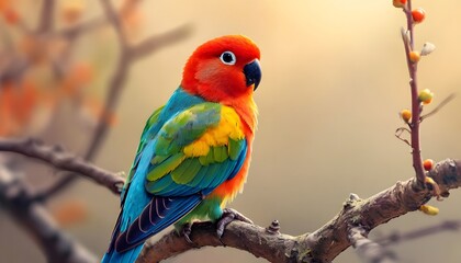 Colorful lovebird sitting on a branch on a soft blurred background.