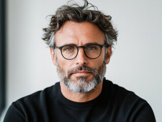 Obraz premium A stylish middle-aged man with glasses and a salt-and-pepper beard smiles warmly, exuding confidence and charisma in a well-lit, neutral setting.