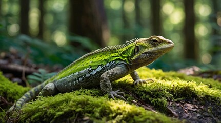 Obraz premium Vibrant lizard basking on mossy ground in a sunlit forest, surrounded by lush greenery and dappled light filtering through the trees