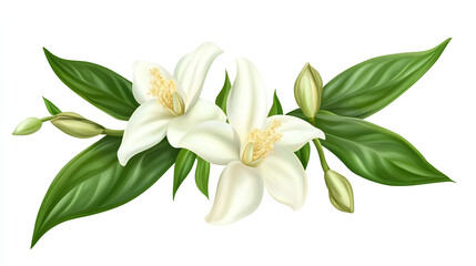 Obraz premium vanilla flower with pods and leaves isolated on white background 