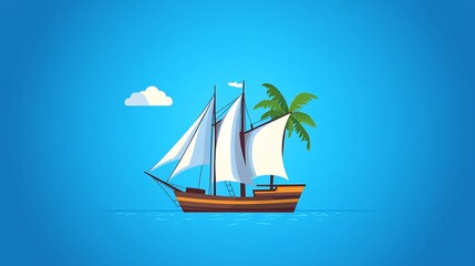 Sailing Ship Illustration: Calmly Gliding Towards a Tropical Paradise. AI Generated