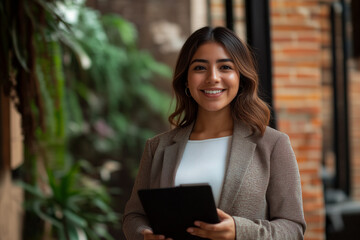 Fototapeta premium Happy Young Hispanic Businesswoman Using Tablet in Modern Office as Successful Leader and Career Dreamer