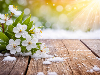 Snow-Covered Spring Blossoms on Wooden Surface.