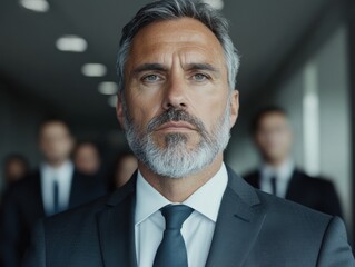 A confident middle-aged businessman with a gray beard stands in an office, exuding professionalism and authority. The focus is on his determined expression.