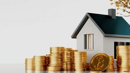 House and coin stack on white background illustrate rent cost management and home savings goals. Energy-efficient living, daily cost awareness, and AI-generated imagery for investment property dreams