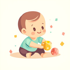 Happy baby playing with colorful balls.