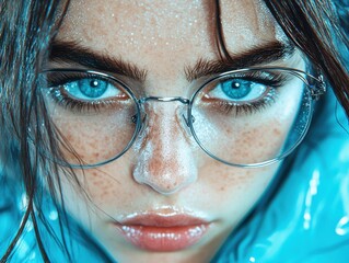 A close-up of intense blue eyes reflected in glasses, surrounded by a futuristic, digital ambiance....