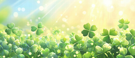 Fototapeta premium Bright and cheerful field of four-leaf clovers in a sunny background