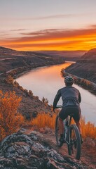Golden Hour Mountain Bike Adventure Cyclist Enjoys a Scenic Riverside Trail at Sunset.