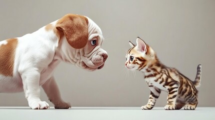 Close-up Photo: Playful Puppy and Kitten Intensely Gaze, Studio Setting. AI Generated