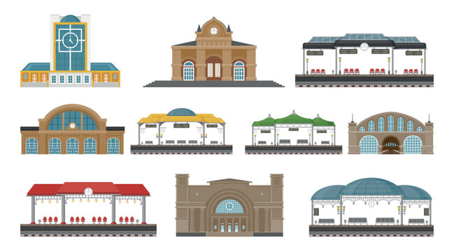 Railway station retro and modern public platform for train transportation set vector flat