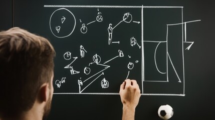 Coach drawing a soccer football game strategy in the locker room