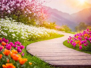 Obraz premium Wooden Path Through Blooming Spring Garden