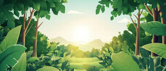 Fototapeta premium Lush green forest with sunlight filtering through leaves in a serene cartoon illustration