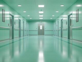 A blurred, abstract image of a hospital corridor with green walls and doors, creating a sterile and calm medical atmosphere.